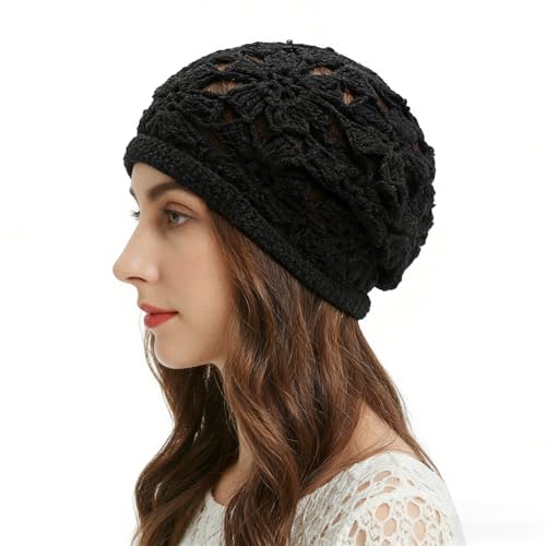 ZLYC Women Cotton Crochet Slouchy Beanie Hat Handmade Knit Summer Skull Cap - color: Crochet Black