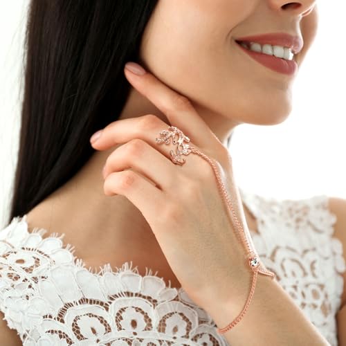 Fumete 6 pcs Finger Ring Bracelet Linked Rhinestone Hand Harness Chain Slave Bracelet with Ring Everyday Jewelry for Women - color: Rose Gold, style: Classic