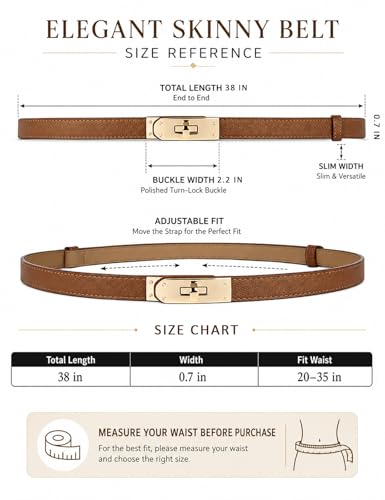 BEMYLV Skinny Belts for Women Dresses Turn-Lock Gold Buckle Adjustable Fashion Waist Belt for Pants Jeans Business Casual - color: Brown