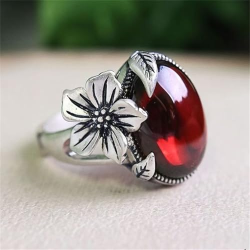 Boho Oval Stone Flower Leaf Statement Ring for Women Antique Silver Plated Vintage Crystal Plum Blossom Adjustable Open Wrap Rings Comfort Fit Retro Gemstone Art Decor Wedding Engagement Jewelry - color: Red