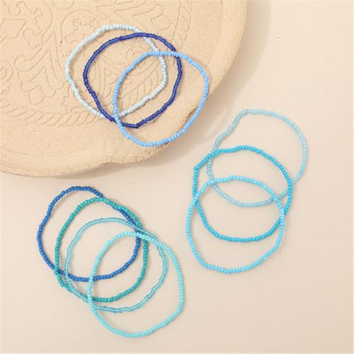 Boho Stackable Rice Beaded Bracelet Set for Women 8-10Pcs Colorful Handmade Multilayered Crystal Beads Bracelets Summer Beach Bohemian Jewelry Gift - color: A Blue