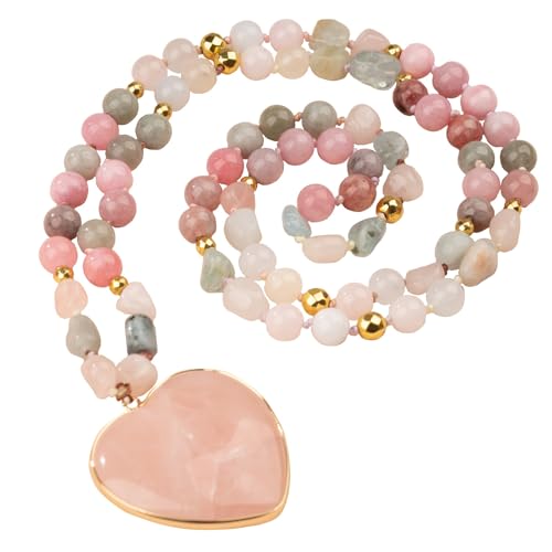 Long Necklaces for Women Boho, Oval Waterdrop Turquoise Pendant, Natural Stone Beaded, Handmade,Vintage & Elegance, Boho Fashion Charm Beaded Necklace for Women - style: L-Heart PinkQuartz Pendant