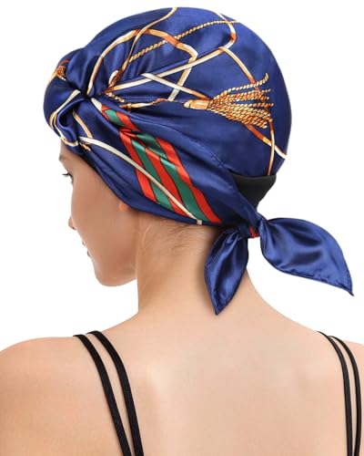 Soft Headbanf Wrap Cap & Silk Like Satin Scarf Combo - 2 in 1 Silk Press Wrap for Hair, Sleeping & Travel - color: Navy Lines