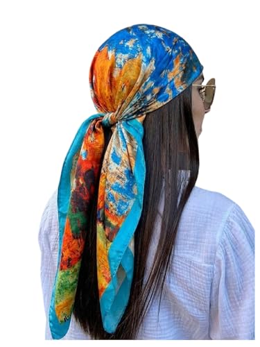 SweatyRocks Women's Printed Satin Hair Scarf Neckerchief Square Scarf Bandanas Head Wraps - color: Teal Blue