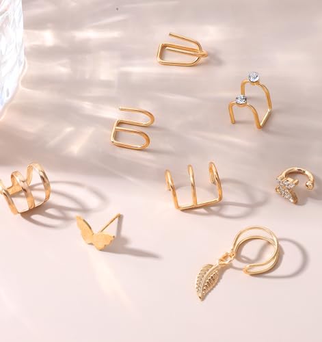 22 Pcs Gold Ear Cuffs Non Piercing, Lightweight Adjustable Clip On Earrings Fake Piercing, Skin-Friendly Cartilage Butterfly Chain Twist Helix Leaf Wrap Earrings Set, Trendy Jewelry for Women