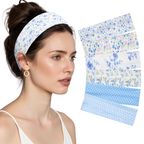 AWAYTR 6Pcs Wide Headbands for Women Non Slip Soft Elastic Hair Bands for Women's Hair for Workout Sports - color: Blue Print