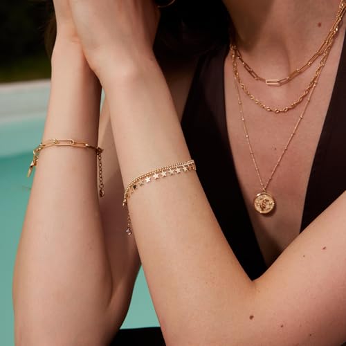 Dremmy Studios Gold Bracelet for Women 18K Gold Plated Dainty Paperclip Cubic Zirconia Disc Coin Star Cable Satellite Bead Pearl Simple Boho Minimalist Stacking Layered Link Jewelry Gift - color: Tassel Star
