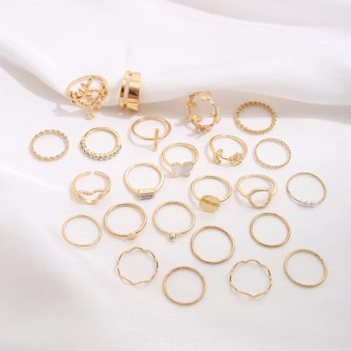 Rrdaily Gold Boho Knuckle Rings Set Vintage Love Pearl Stackable Dainty Joint Finger Sparkling Dainty Simple Trendy Cross Twist Designs Ring Pack (A24)