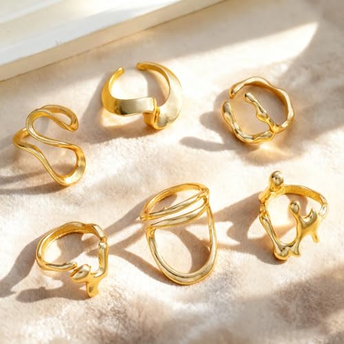 Chunky Gold Rings Set for Women Stackable Statement Ring Sets Non Tarnish Adjustable Open Knuckle Rings Irregular Gold Jewelry Set Trendy Prom Outfits Accessories - color: gold1