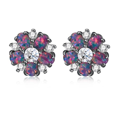 CiNily Flower Earrings,Opal Stud Earrings Sterling Silver or White Gold/Rose Gold Plated Ladies Flower Stud Earrings Cute Unique Earrings for Girls - color: Black