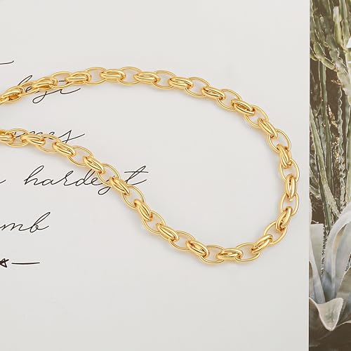 Aobei Pearl 18K Gold Plated Paperclip Chain Choker Satellite Chain Freshwater Cultured Biwa Pearl Pendant Necklace Dainty Turquoise Jewelry for Women - color: Chunky Elliptical Chain