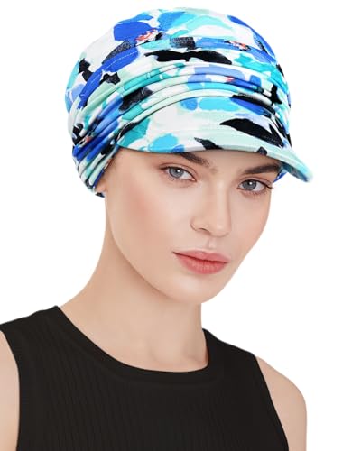 Chemo Headwear Viscose Newsboy Cap for Women Summer Hats - color: Blue Ink Flowers