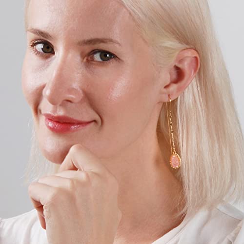 Simulated Druzy Threader Earrings for Women - Gold, Silver, or Rose Gold Tone Long Chain Earrings with Boho Created Geode Stone - color: Gold - Created Rose Quartz