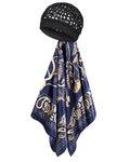 Satin Scarf Hair Net Bonnet - 2 in 1 Wrap Cap for Silk Press & Sleeping, Soft Headband Hair Net and Silk Scarf for Women - color: Navy Flower