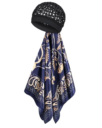 Satin Scarf Hair Net Bonnet - 2 in 1 Wrap Cap for Silk Press & Sleeping, Soft Headband Hair Net and Silk Scarf for Women - color: Navy Flower
