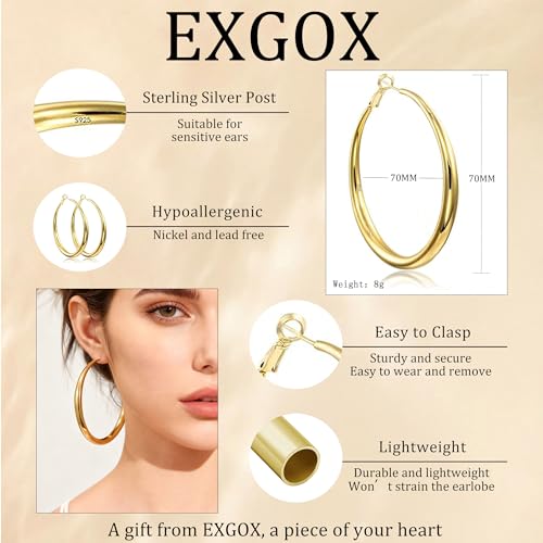 EXGOX Sterling Silver Hoop Earrings - Hypoallergenic, Lightweight, Chunky, 14K Real Gold Plated, Big Large Hoops for Women - color: Chunky&Gold hoop 70mm