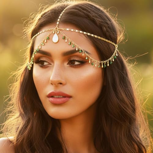 Aukmla Boho Head Chain Opal Rhinestone Headpiece Forehead Fashion Headband Hair Accessories for Women