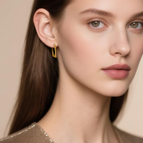 Gold Sculptural Hoop Earrings for Women, 14K Gold Plated Statement Earrings, Lightweight Hypoallergenic Jewelry for Sensitive Ears, Trendy Gift for Her - style: Square