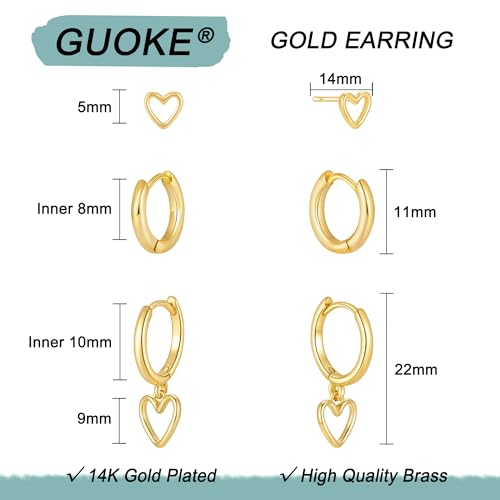 3 Pairs Small Earring Stacks, 14K Gold/Silver/Black/Rose Gold Plated Pearl Heart Butterfly Star Diamond Charm Drop Huggie Earrings Trendy Jewelry Gift for Women - color: Gold-Open Heart