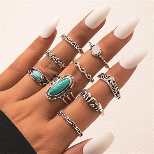 Bohemian Turquoise Ring Set for Women,Vintage Gem Turquoise Opal Joint Knuckle Stackable Rings Chunky Boho Midi Ring Pack Punk Western Ring Mixed Size - style: Style E
