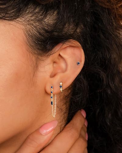 3 Pairs Small Earring Stacks, 14K Gold/Silver/Black/Rose Gold Plated Pearl Heart Butterfly Star Diamond Charm Drop Huggie Earrings Trendy Jewelry Gift for Women - color: Gold-Blue Chain