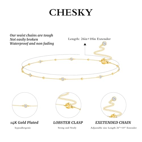 CHESKY Waist Beads for Women, Dainty 14k Gold Plated Waist Chain Beach Accessories Cute Belly Chain Body Chain Gold Chain Belts for Women Summer Beach Jewelry for Womens Gifts Rave Outfits for Womens - style: CZ beads-gold