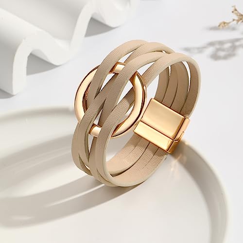 xuzhiyuan Simple Boho Circle Charm Leather Wrap Bracelet Handmade Layered Cuff Bracelets Bohemian Multi Bangle Bracelets Holiday Jewelry Gift for Women - color: Beige
