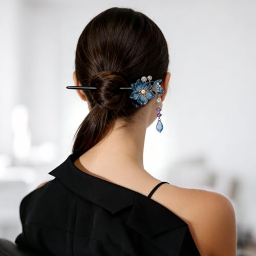 2 PCS Plum Blossom Tassel Hair Stick Blue Flower Hairpin Fashion Double Floral Hair Chopsticks Wooden Elegant Vintage Hair Pins Hair Bun Updo Holders Chinese Hanfu Hair Accessories for Women Girls
