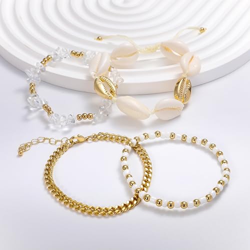 Shell Bracelet Seashell Boho Beaded Stretch Bracelets for Women Summer Beach Bracelets Starfish Charm Bracelet Stackable Gold Plated Bracelets Set for Women - color: k-shell 4pcs