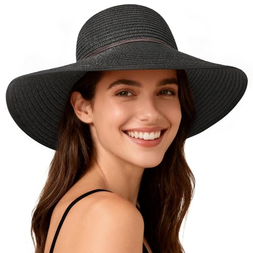 Sun Hats for Women, Straw Hats UPF 50+ Sun Protection, Wide Brim Womens Beach Hat for Summer Travel - color: Black