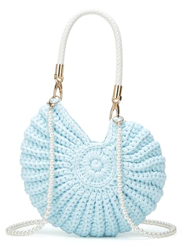 Jusavie Bohemia Crochet Handwoven Seashell Bag Women Summer Beach Bag Boho Evening Clutch Purses Shoulder Crossbody Bags 2026 - color: Light Blue
