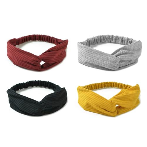 AQOKKA Elastic Knotted Headbands for Women Cloth Head Hair Bands for Women's Hair Non Slip Boho Wrap Twisted Hair Accessories - color: 4 Pack Cross Ribbing : Burgundy, Black, Yellow, Light Grey
