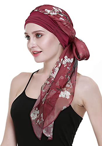 Chemo Headwear Turbans for Women Long Hair Head Scarf Headwraps Cancer Hats - color: Burgundy Wintersweet