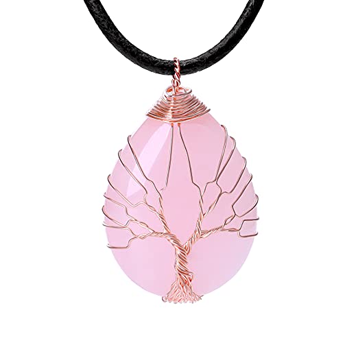 7 Chakra Gemstone Healing Crystals Necklace - Copper Wire Wrapped Natural Unisex Hippie Leather Choker - color: 4. Rose Quartz