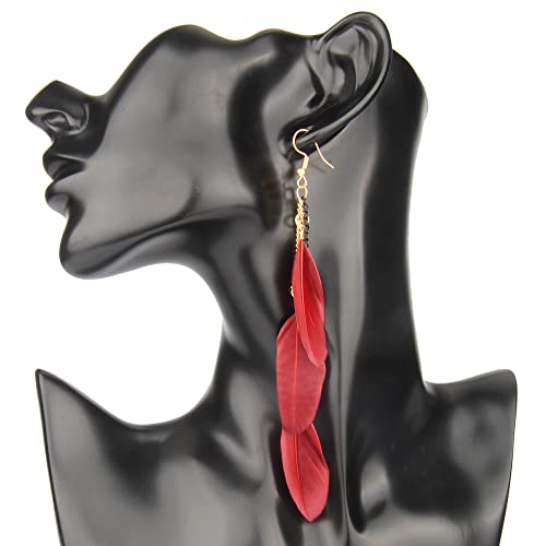 coadipress Boho Piercing Tassel Feather Long Chain Earrings Retro Lightweight Native Feather Dangle Drop Earrings for Women Bohemian Handmade Natural Feathers Earring Jewelry - color: Red