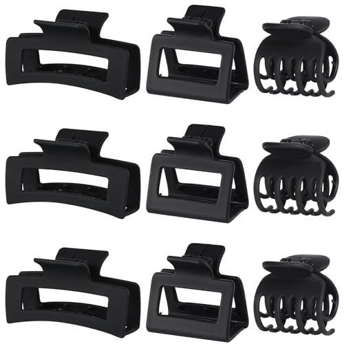 CHANDAT 3 Style Hair Claw Clips 9 pcs Medium Claw Clips Hair Clips for Women Rectangle Claw for Thick Hair Square Hair Clips for Thin Hair Accessories for Women (Black) - color: Black
