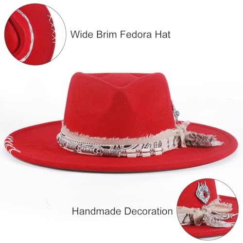 Womens Boho Fedora Hat Wide Brim Fedora Mens Handmade Flat Brim Hats - color: Red