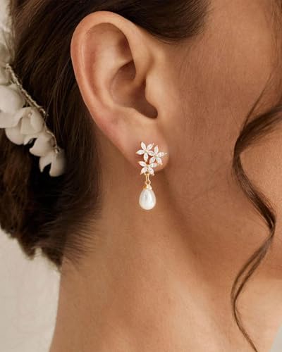 Pearl Earrings - 14K Gold/White Gold/Rose Gold Plated Cubic Zirconia CZ Diaomond Accented Pearl Drop Dangle Earrings for Women Wedding Bridal Prom - color: Flower