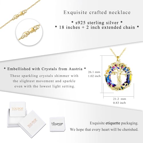 TOUPOP Tree of Life Necklace Gifts for Women 925 Sterling Silver Family Tree Pendant with Crystal Birthday Irish Jewelry Gifts for Women Her Wife Mom - color: 03-Gold-Volcano Crystal