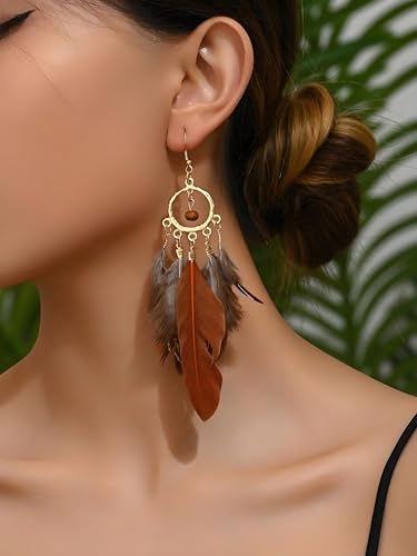 Feather Earrings for Women, Boho Long Brown Gold Dangle Drop Earrings, Handmade Statement Vintage Western Style Lightweight Trendy 2026 Fancy Unique Jewelry Gift - color: Brown