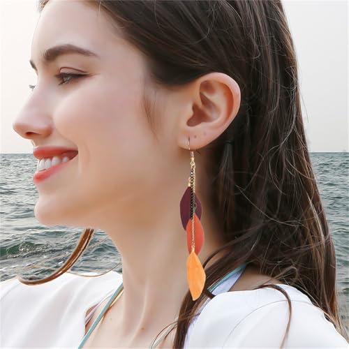 coadipress Boho Piercing Tassel Feather Long Chain Earrings Retro Lightweight Native Feather Dangle Drop Earrings for Women Bohemian Handmade Natural Feathers Earring Jewelry - color: Gradient Coffee