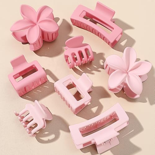 8 Pcs Matte Hair Clips for Women, Strong Hold Non-Slip Claw Clips for Girls, Flower Hair Clips for Thin Hair, Rectangle Claw Clips for Thick, Neutral Colors Hair Accessories Variety Pack（Pink） - color: Pink