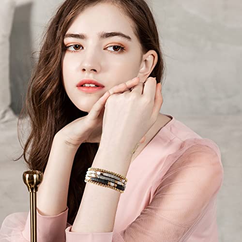 GOOJIDS Surfer Heishi Clay Bead Bracelets for Women Bohemian Stackable Gold Plated Beaded Stretch Bracelets Elastic Layering Friendship Bracelets Set Boho Jewelry - color: B-Grey Surfer Color &Gold Bead