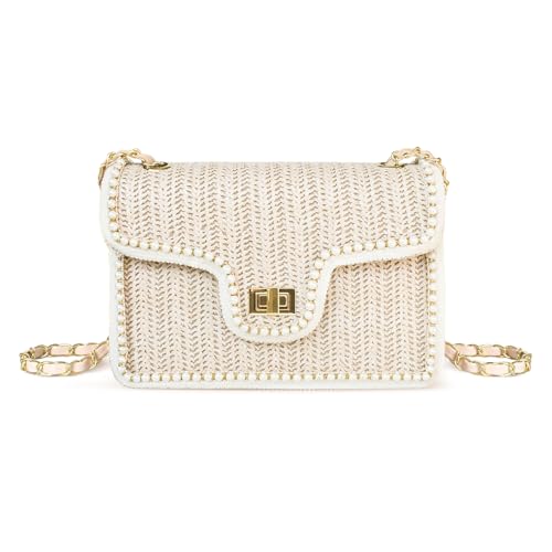 Straw Crossbody Bags for Women,Summer Beach Purse Vacation Shoulder Handbags with Pearl Trim - color: Beige
