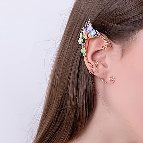 Elf Ear Cuffs, OwMell Handcraft Silver Pointed Fairy Elven Cosplay Fantasy Costume Bridal Wedding Earrings for Non Pierced Ears - style: Colorful Flowers