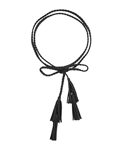 TeeYee Women Girls Multi Colors Braided Waist Tie Belt/Rope/Chain with Tassel Fringe Wrap Cloth Belts for Ladies Dress Pants - color: Black