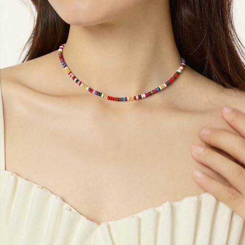 Beaded Gemstone Necklaces for Women Colorful Boho Choker Necklace Beauty And Spirit For Women (blue-silver) - color: mix-red