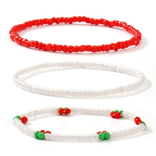 Dainty Gold Plated Tiny Ball Colorful Beaded Stack Bracelets Sets for Women,3Pcs Stackable Cute Bracelet Stretch Trendy Ball Jewelry Friendship Gift - color: red