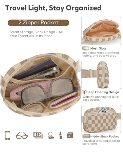 Pritent Fanny Packs for Women Cross Body Bag Waterproof Belt Bag with Adjustable Strap and Zipper Back Pocket Small Crossbody Bags Fashion Waist Packs for Workout Travelling(Checkered Khaki, Large) - color: Checkered Khaki, size: Large