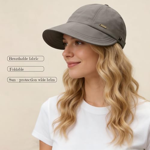 huablo]UPF 50+Womens Sun Hat UV Protection Hiking Fishing Hats Wide Brim Hat Adjustable Ponytail Packable Sun Cap - color: Gray